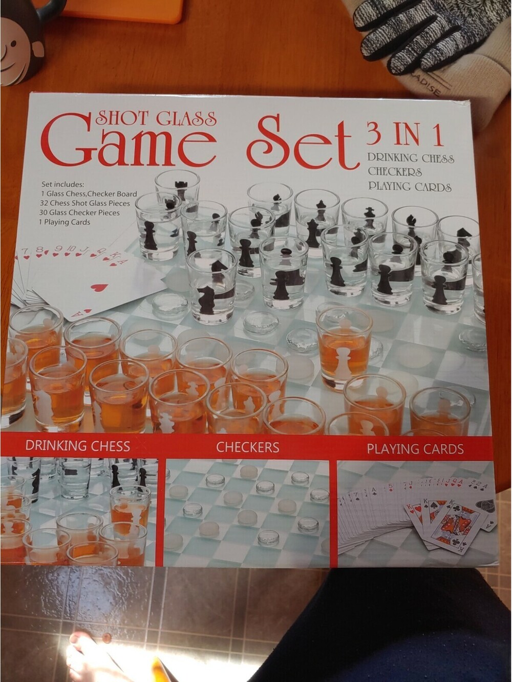 Chess & Checkers  32 Shot Glasses - Glass Board + Checkers + Playing Cards